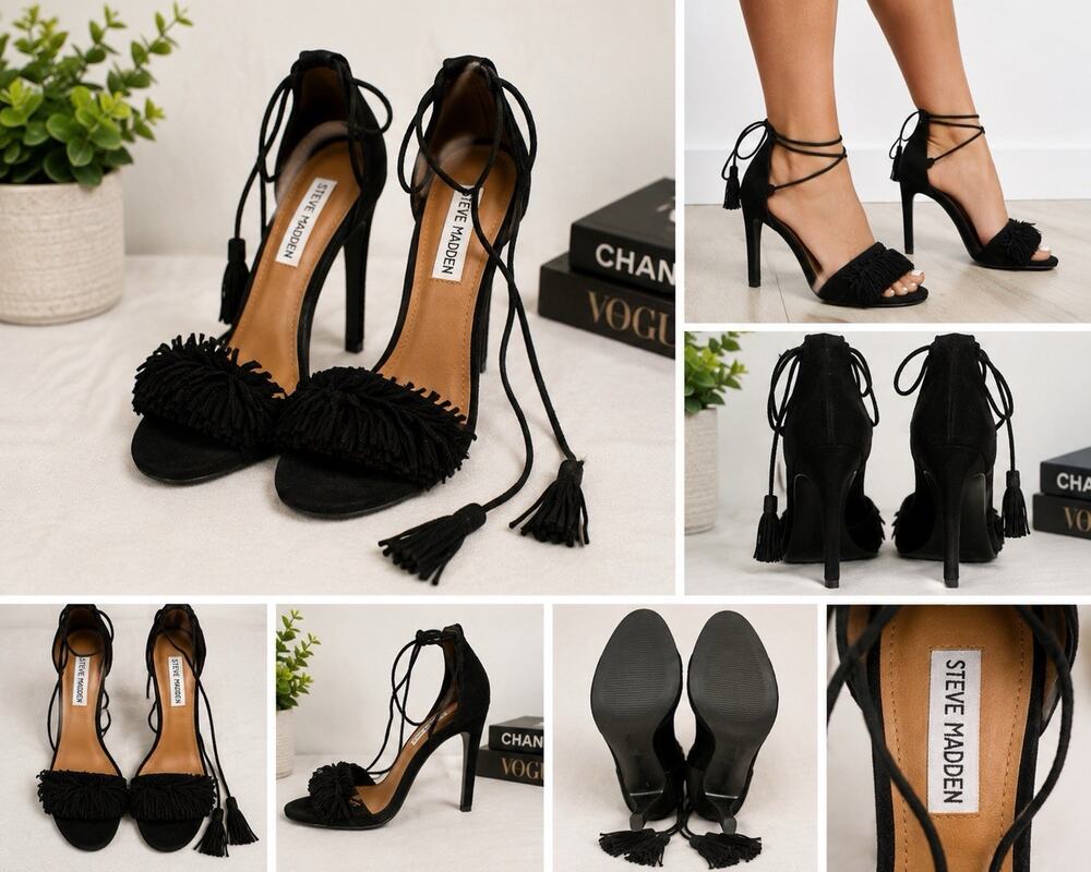 Steve Madden Gassey Black Suede Tassel Lace Up Heels Women’s Size 7.5M